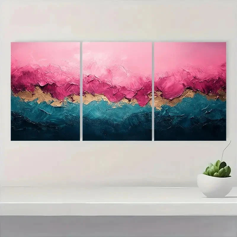 3pcs Vibrant Pink Green & Golden Beach TY   Wall Art Set Canvas Framed 50x70cm - High Quality Print 100% Australian Made Wall Canvas Ready to Hang - Bella Home Decor