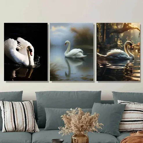 3pcs Elegant White Swans in Serene Water Scenes Wall Art Set Canvas Unframed - High Quality Print 100% Australian Made Wall Canvas