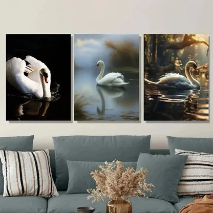3pcs Elegant White Swans in Serene Water Scenes Wall Art Set Canvas Unframed - High Quality Print 100% Australian Made Wall Canvas