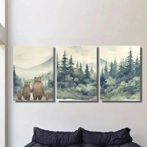 3pcs Bear Family in Forest Portrait Decor Wall Art Set Canvas Unframed - High Quality Print 100% Australian Made Wall Canvas - Bella Home Decor