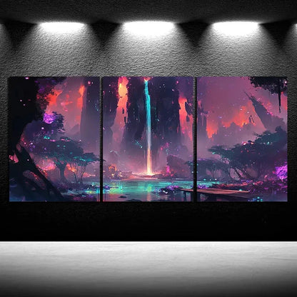 3pcs Fantasy Waterfall and Wooden Bridge Scenery Metal Print Ready to Hang Art - Bella Home Decor