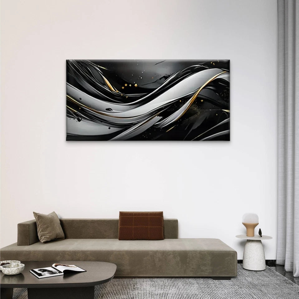 Black Golden Abstract Swirling Wall Art Canvas Office Home Room Framed 120x60cm
