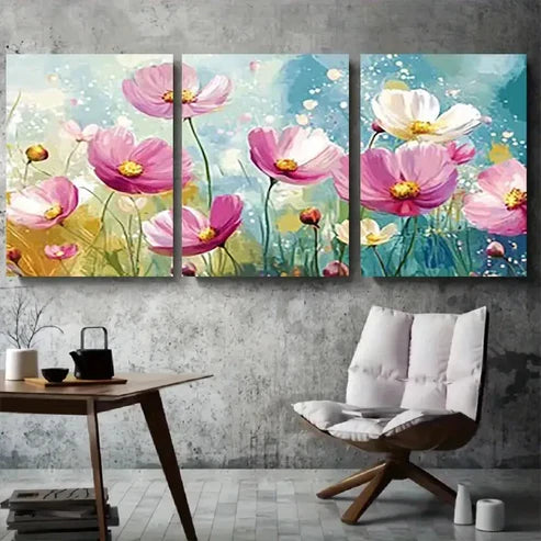3pcs Pink Cosmos Floral Abstract Wall Art Canvas Unframed - High Quality Print 100% Australian Made Wall Canvas