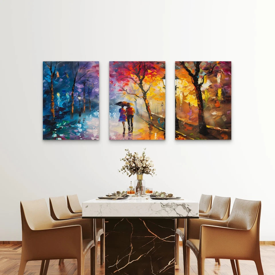 3pcs Romantic Stroll in Rain Painting Wall Art Set Canvas Framed 60x90cm - High Quality Print 100% Australian Made Wall Canvas Ready to Hang - Bella Home Decor