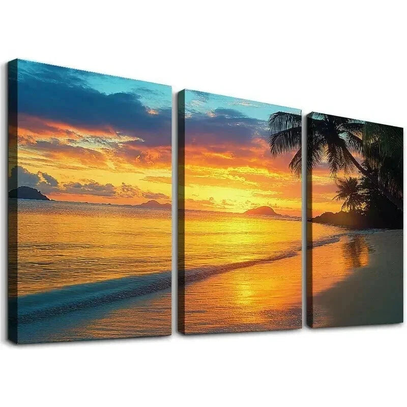 3pcs Tropical Beach Sunset with Palm Trees Wall Art Set Canvas Framed 60x90cm - High Quality Print 100% Australian Made Wall Canvas Ready to Hang