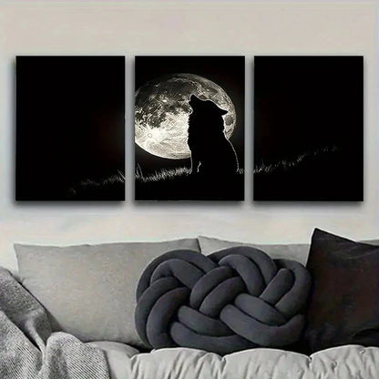 3pcs Silhouette of Wolf Howling at Moon Wall Art Set Canvas Framed 50x70cm - High Quality Print 100% Australian Made Wall Canvas Ready to Hang