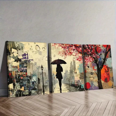 3 PCS A Woman Walks With An Umbrella Wall Art Set Canvas Unframed - High Quality Print 100% Australian Made Wall Canvas