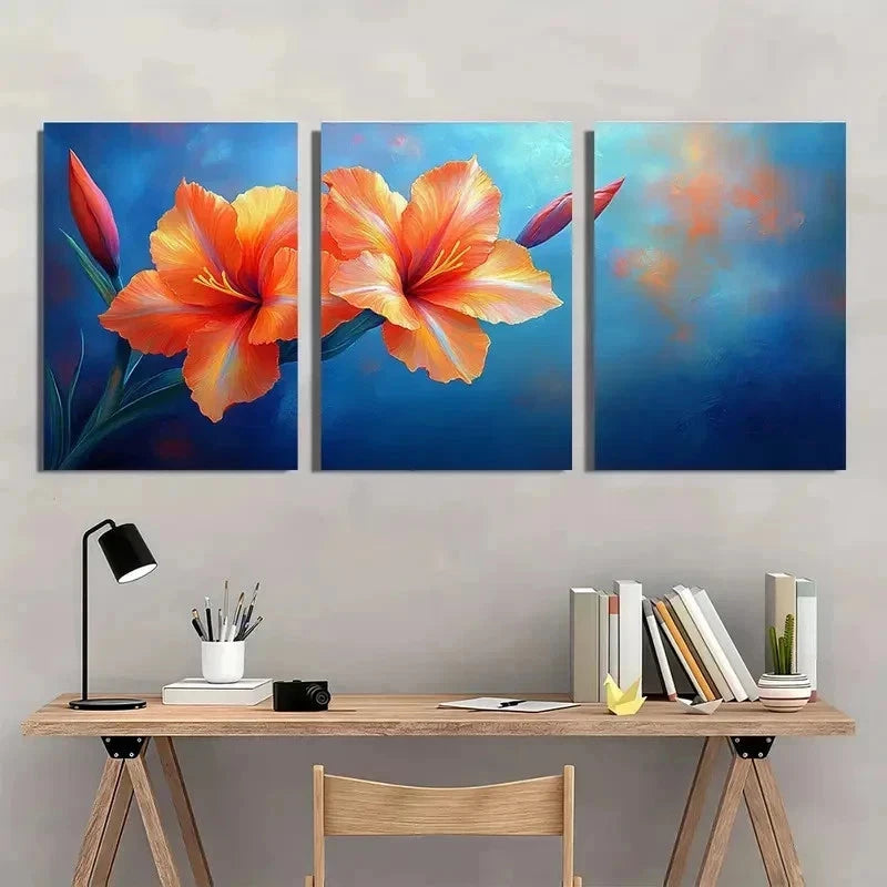 3pcs Vibrant Orange & Blue Floral Perfect Wall Art Set Canvas Framed 50x70cm - High Quality Print 100% Australian Made Wall Canvas Ready to Hang
