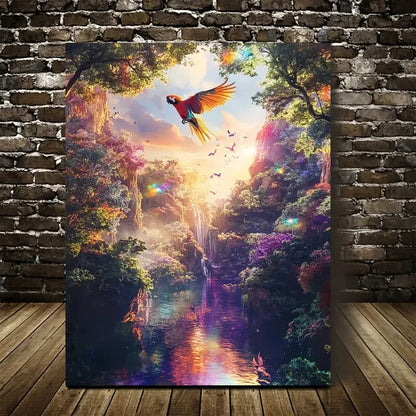 Vibrant Parrot in Magical Forest Scene Painting  40x60cm Metal Print Ready to Hang - Bella Home Decor
