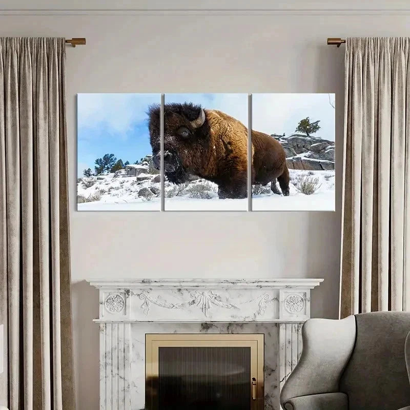 3pcs American Bison in the Snow Modern Wall Art Set Canvas Framed 50x70cm - High Quality Print 100% Australian Made Wall Canvas Ready to Hang - Bella Home Decor
