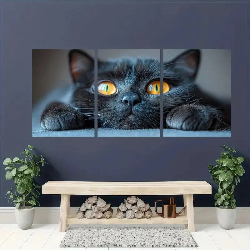 3pcs Animal Cat Stunning Golden Eyes Metal Print Ready to Hang Art - Bella Home Decor