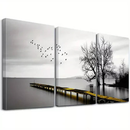 3pcs Black And White Lakeside Wooden Walkway Canvas Unframed - High Quality Print 100% Australian Made Wall Canvas