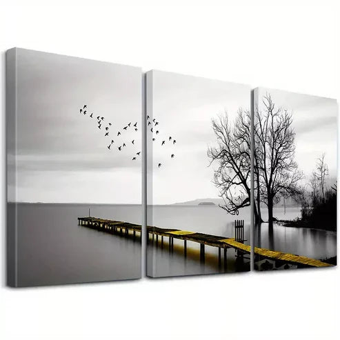3pcs Black And White Lakeside Wooden Walkway Canvas Unframed - High Quality Print 100% Australian Made Wall Canvas