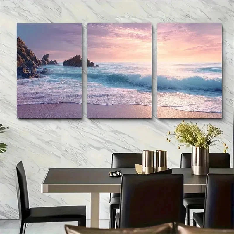 3pcs Seascape Sunrise Rocky Coastline Perfect Wall Art Set Canvas Framed 50x70cm - High Quality Print 100% Australian Made Wall Canvas Ready to Hang