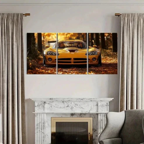 3pcs Yellow Sports Car Art Painting Set Canvas Unframed - High Quality Print 100% Australian Made Wall Canvas