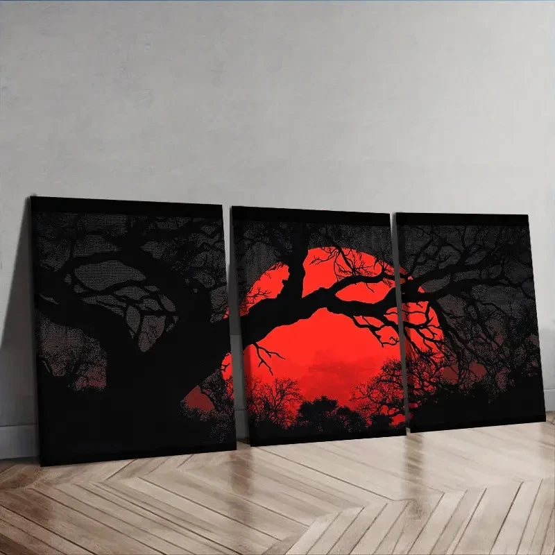 3pcs Red Sunset Silhouette Trees Wall Art Set Canvas Framed 50x70cm - High Quality Print 100% Australian Made Wall Canvas Ready to Hang
