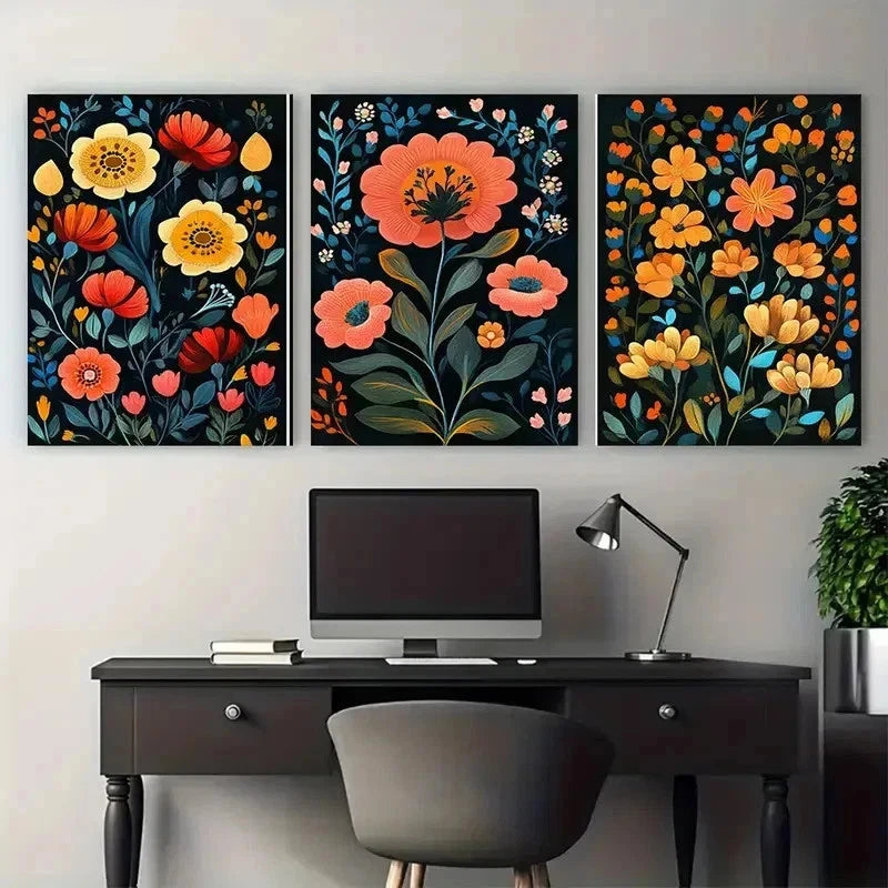 3pcs Afghanistan Gallery Floral Flowers Perfect Wall Art Set Canvas Framed 50x70cm - High Quality Print 100% Australian Made Wall Canvas Ready to Hang - Bella Home Decor
