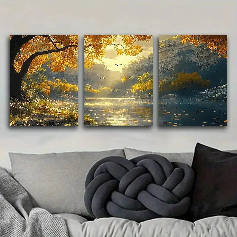 3pcs Autumn Lake with Birds Wall Art Set Canvas Framed 50x70cm - High Quality Print 100% Australian Made Wall Canvas Ready to Hang - Bella Home Decor