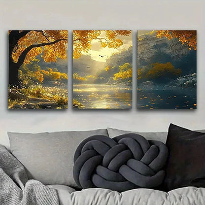 3pcs Autumn Lake with Birds Wall Art Set Canvas Framed 50x70cm - High Quality Print 100% Australian Made Wall Canvas Ready to Hang - Bella Home Decor