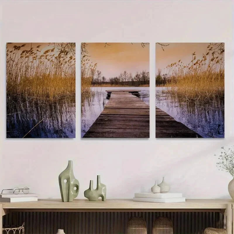 3pcs Scenic Lake Sunset Triptych paintings Wall Art Set Canvas Framed 40x60cm - High Quality Print 100% Australian Made Wall Canvas Ready to Hang