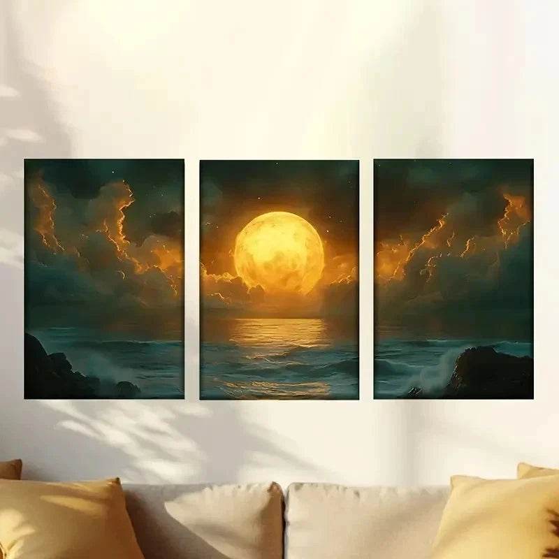 3pcs  full moon over the ocean with clouds Wall Art Set Canvas Framed 50x70cm - High Quality Print 100% Australian Made Wall Canvas Ready to Hang - Bella Home Decor