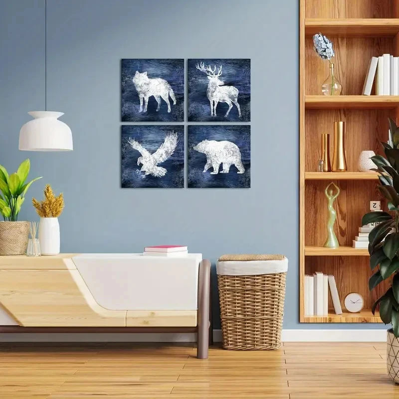 4pcs Wolf, Deer, Moose, Bear - Blue Forest Wall Art Canvas Framed