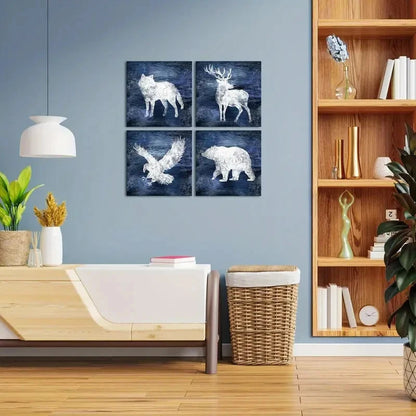 4pcs Wolf, Deer, Moose, Bear - Blue Forest Wall Art Canvas Framed