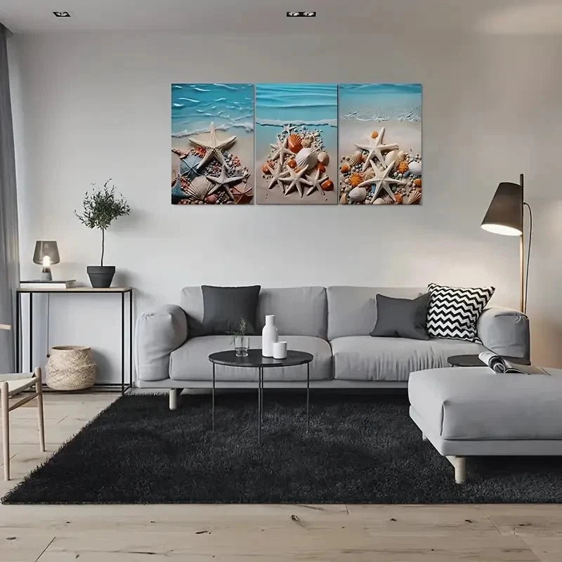 3pcs Beach Theme Starfish and Seashell Metal Print Ready to Hang Art - Bella Home Decor