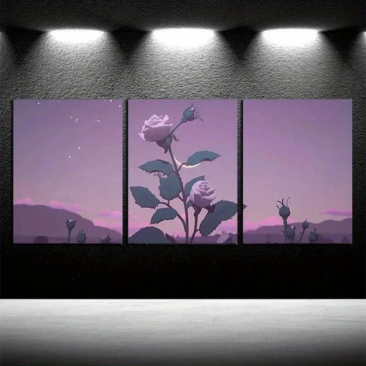 3pcs Vibrant Charming Roses with Moon View Wall Art Set Canvas Framed 50x70cm - High Quality Print 100% Australian Made Wall Canvas Ready to Hang