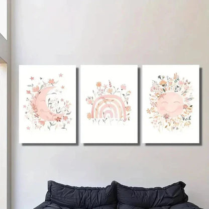 3pcs Moon Rainbow Sun Full of Flowers  Wall Art Set Canvas Unframed - High Quality Print 100% Australian Made Wall Canvas