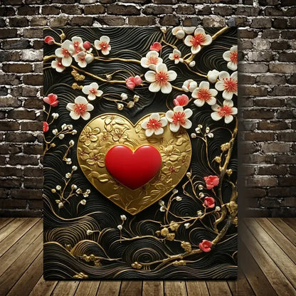 Beautiful Heart Blossoms Golden Painting 40x60cm Metal Print Ready to Hang - Bella Home Decor