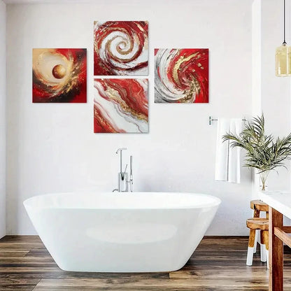 4pcs Red Background Swirling Patterns Wall Art Canvas Framed