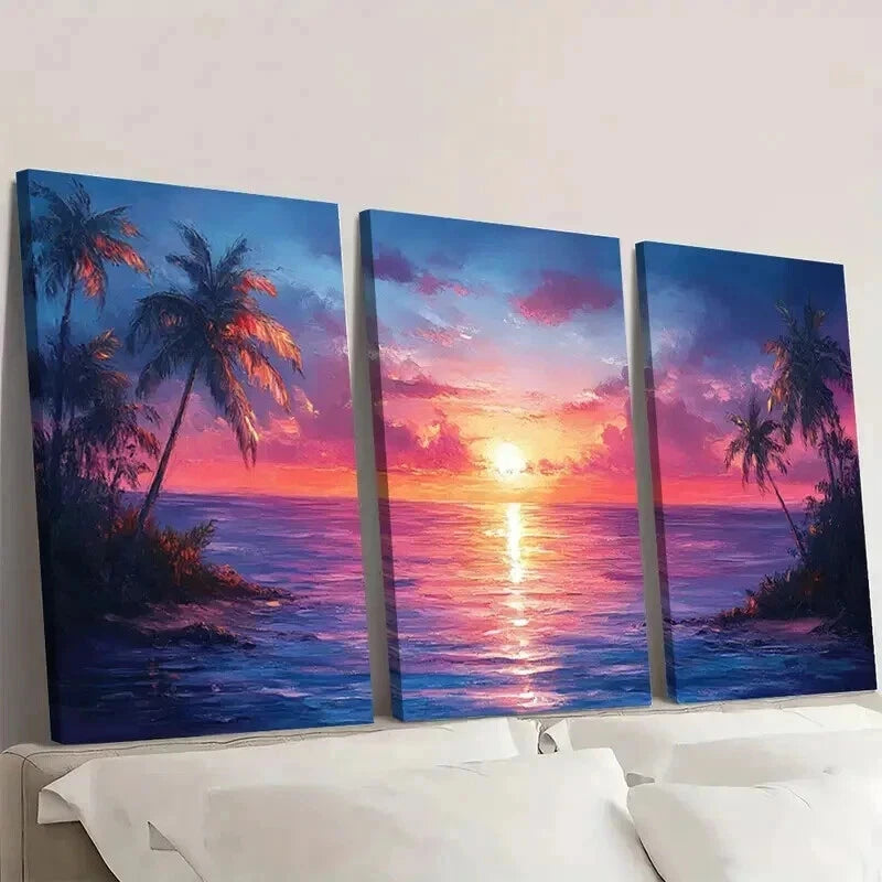 3pcs Vibrant Palm Tree Sunset & Ocean Wall Art Set Canvas Framed 50x70cm - High Quality Print 100% Australian Made Wall Canvas Ready to Hang - Bella Home Decor