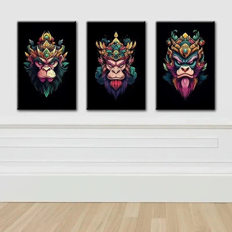 3pcs Cartoon Monkey Head Modern Wall Art Set Canvas Framed 50x70cm - High Quality Print 100% Australian Made Wall Canvas Ready to Hang - Bella Home Decor