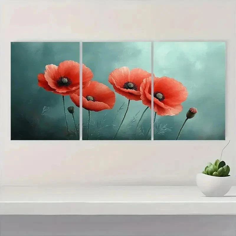 3pcs Poppy Flower Floral FU Wall Art Set Canvas Framed 50x70cm - High Quality Print 100% Australian Made Wall Canvas Ready to Hang