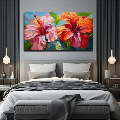 Vibrant Red & Orange Hibiscus Wall Art Canvas Office Home Room Framed 120x60cm