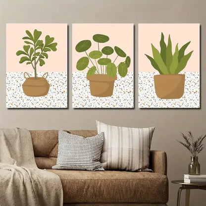 3pcs Potted Plants Illustration Wall Art Set Canvas Unframed - High Quality Print 100% Australian Made Wall Canvas