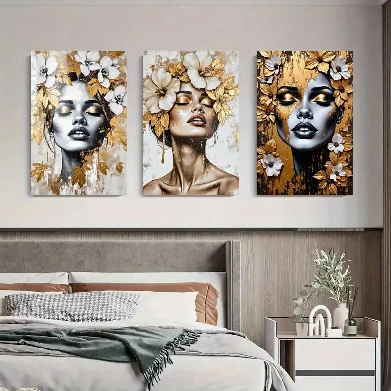 3pcs Golden And White Accent Women Décor Perfect Wall Art Set Canvas Framed 40x60cm - High Quality Print 100% Australian Made Wall Canvas Ready to Hang - Bella Home Decor