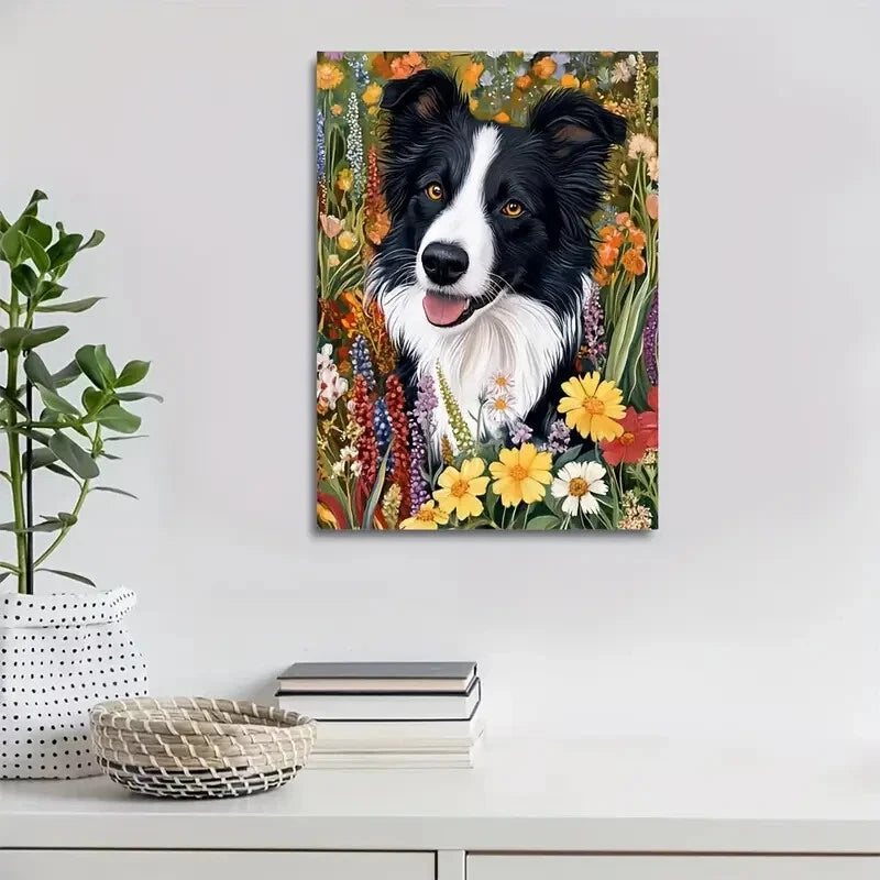 Charming Border Collie with Vibrant Flowers 40x60cm Metal Print Ready to Hang