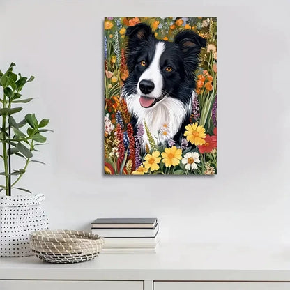 Charming Border Collie with Vibrant Flowers 40x60cm Metal Print Ready to Hang
