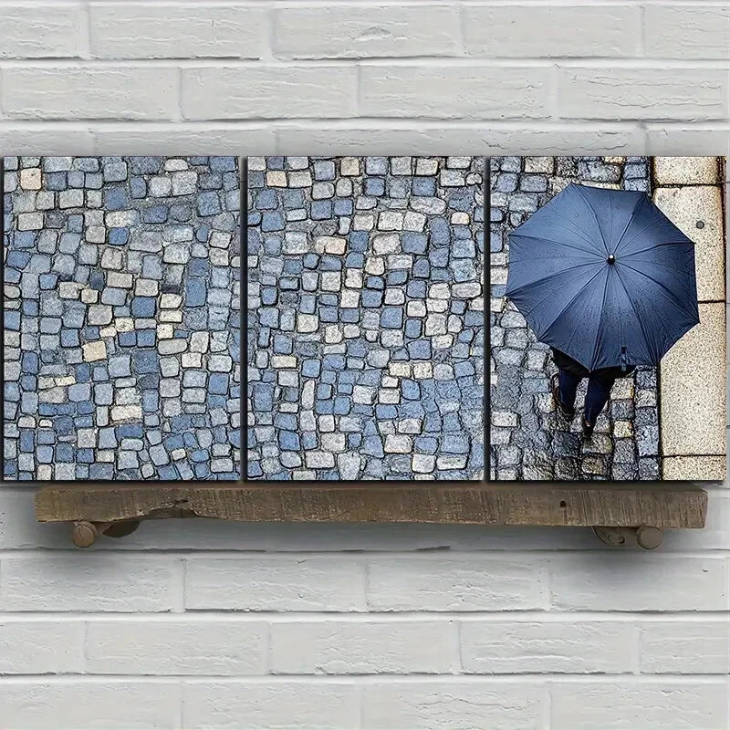 3pcs People Holding Blue Umbrellas Rainy Streets Metal Print Ready to Hang Art - Bella Home Decor