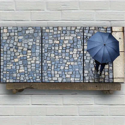 3pcs People Holding Blue Umbrellas Rainy Streets Metal Print Ready to Hang Art - Bella Home Decor