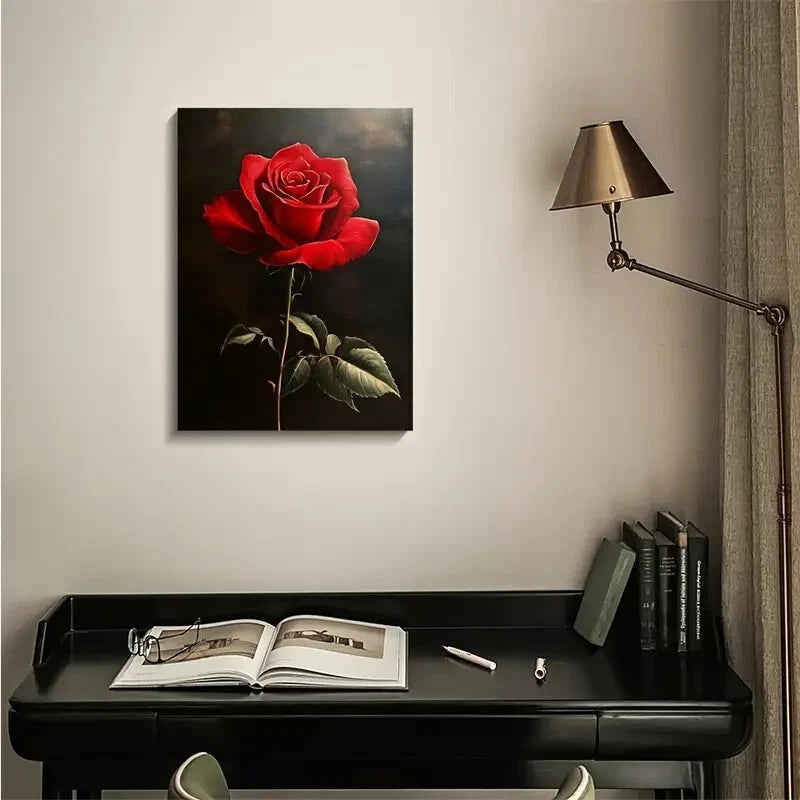 Vibrant Red Rose Painting 40x60cm Metal Print Ready to Hang - Bella Home Decor