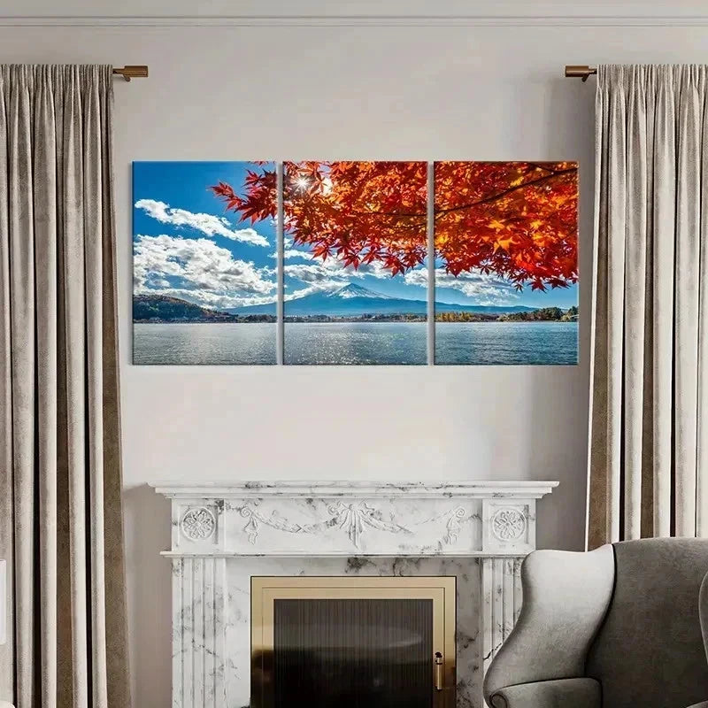 3pcs Nature Sea Mountains Maple Leaves Wall Art Set Canvas Framed 60x90cm - High Quality Print 100% Australian Made Wall Canvas Ready to Hang - Bella Home Decor