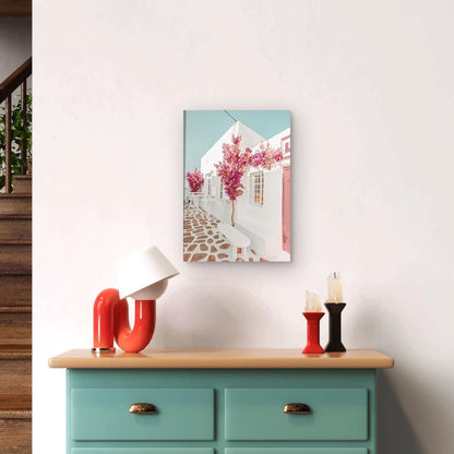 Pink Floral Cafe, Oil Painting Metal Print Ready to Hang