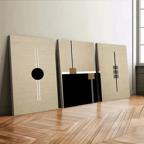3pcs Black Round Box Lines White Lines Wall Art Set Canvas Unframed - High Quality Print 100% Australian Made Wall Canvas - Bella Home Decor