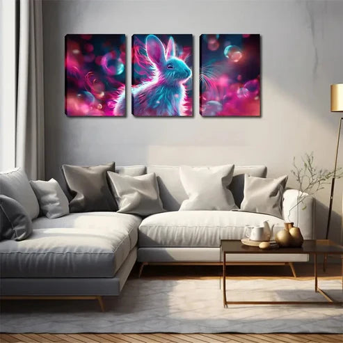 3pcs Pink Rabbit Glowing Neon Accent Perfect Wall Art Canvas Unframed - High Quality Print 100% Australian Made Wall Canvas