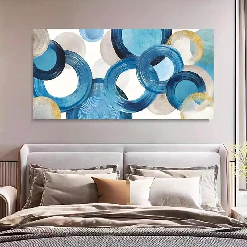 Blue Geometric Circles Design Wall Art Canvas Office Home Room Framed 120x60cm - Bella Home Decor