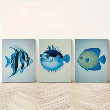 3pcs Blue Fish Animal Decorative Painting Metal Print Ready to Hang Art - Bella Home Decor