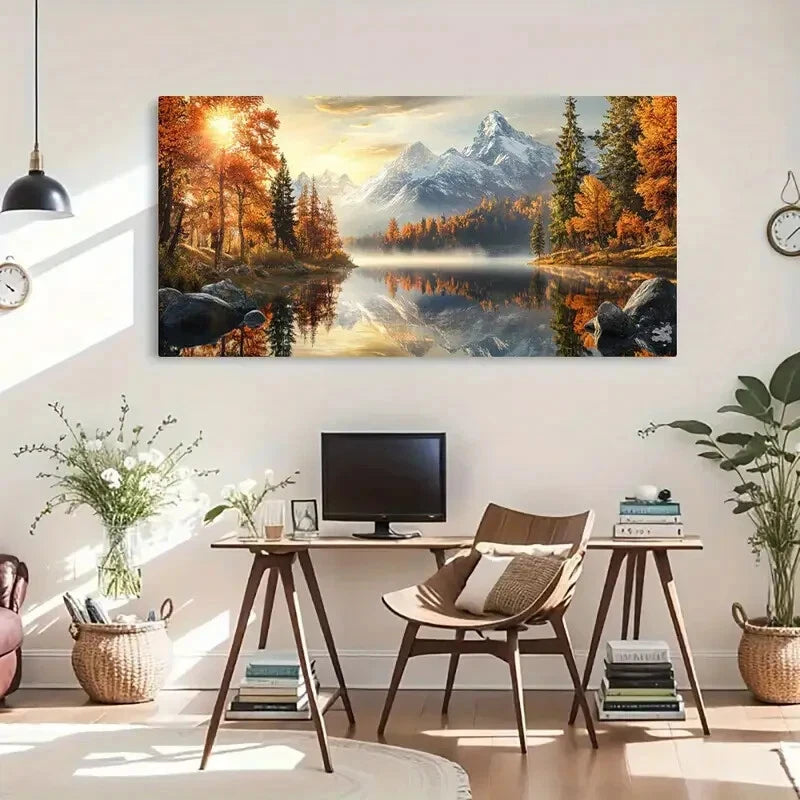 Golden Trees Snowy Peaks Autumn Wall Art Canvas Office Home Room Framed 120x60cm